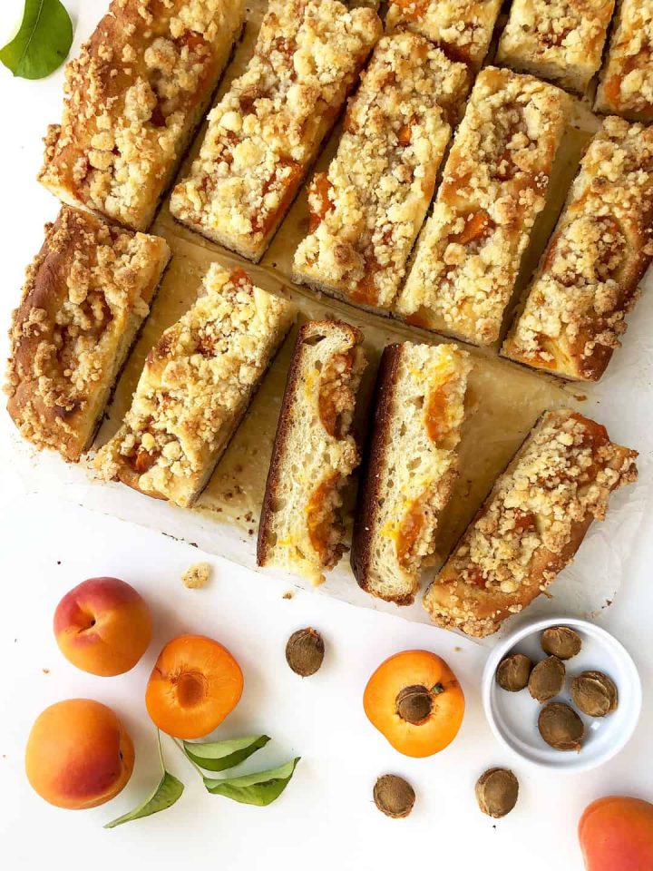 Yeast dough cake with fruit and coconut crumble