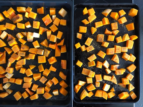 roasting cubbed butternut squash on two oven trays